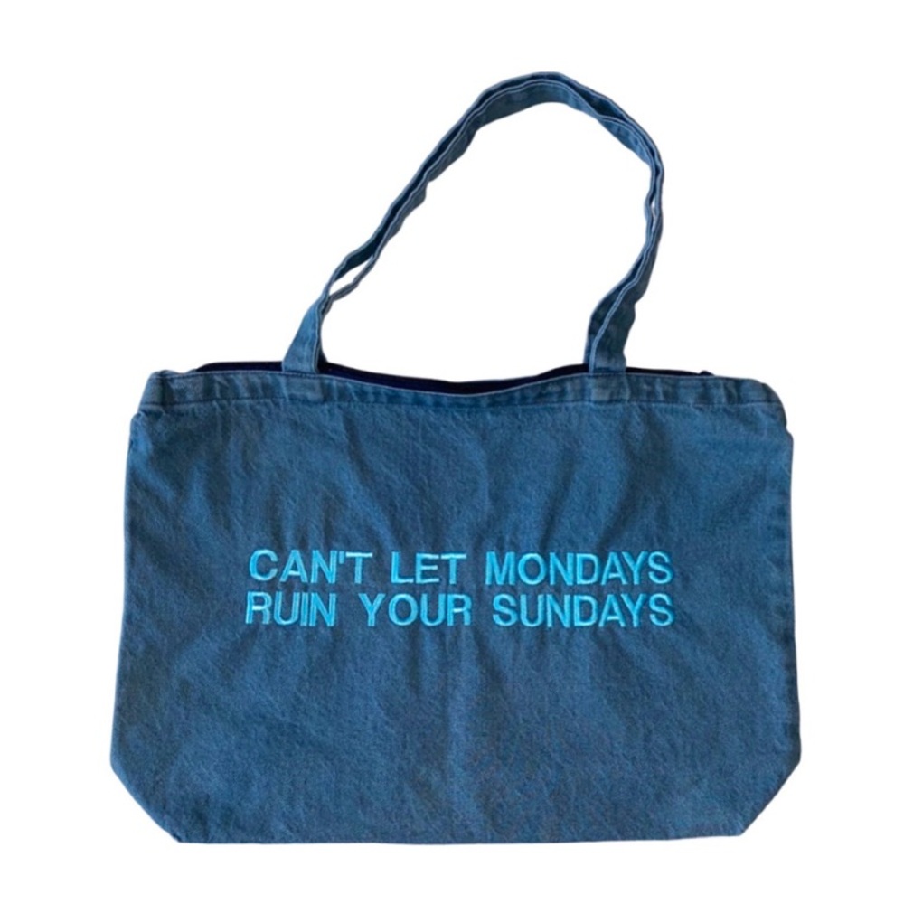 Denim tote bag with light blue embroidery